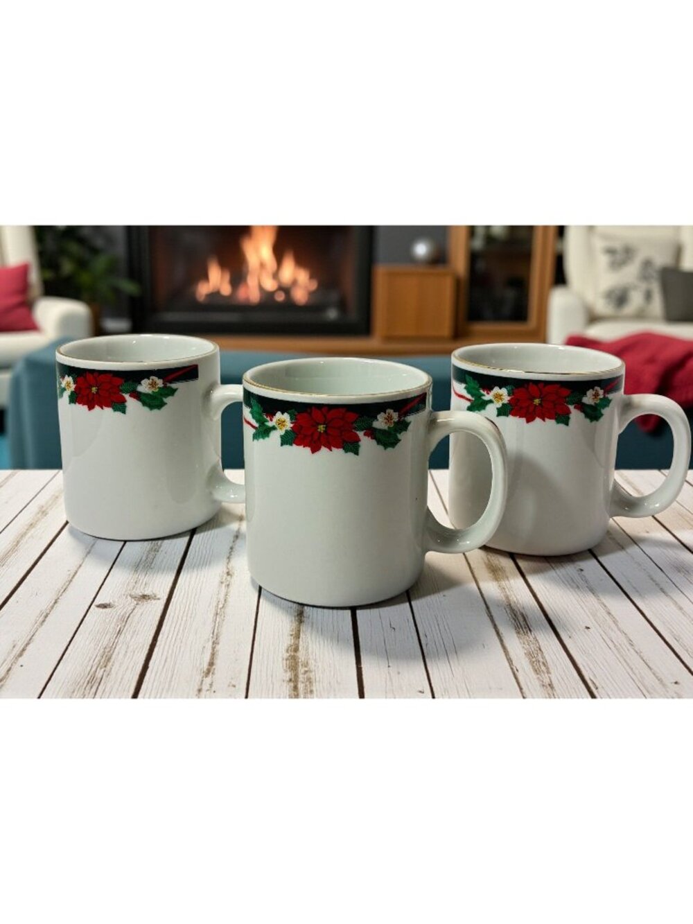 Tienshan Fine China Deck The Halls Christmas Mugs Set Of 3  Vintage 2000